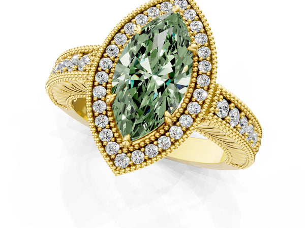 Yellow gold Fancy Green Marquise  Cut Halo Diamond Ring with Pavé Band and Four-Prong Setting