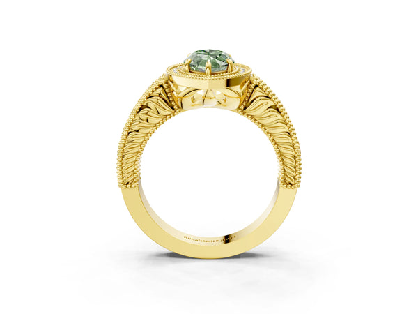 Yellow gold Fancy Green Marquise  Cut Halo Diamond Ring with Pavé Band and Four-Prong Setting