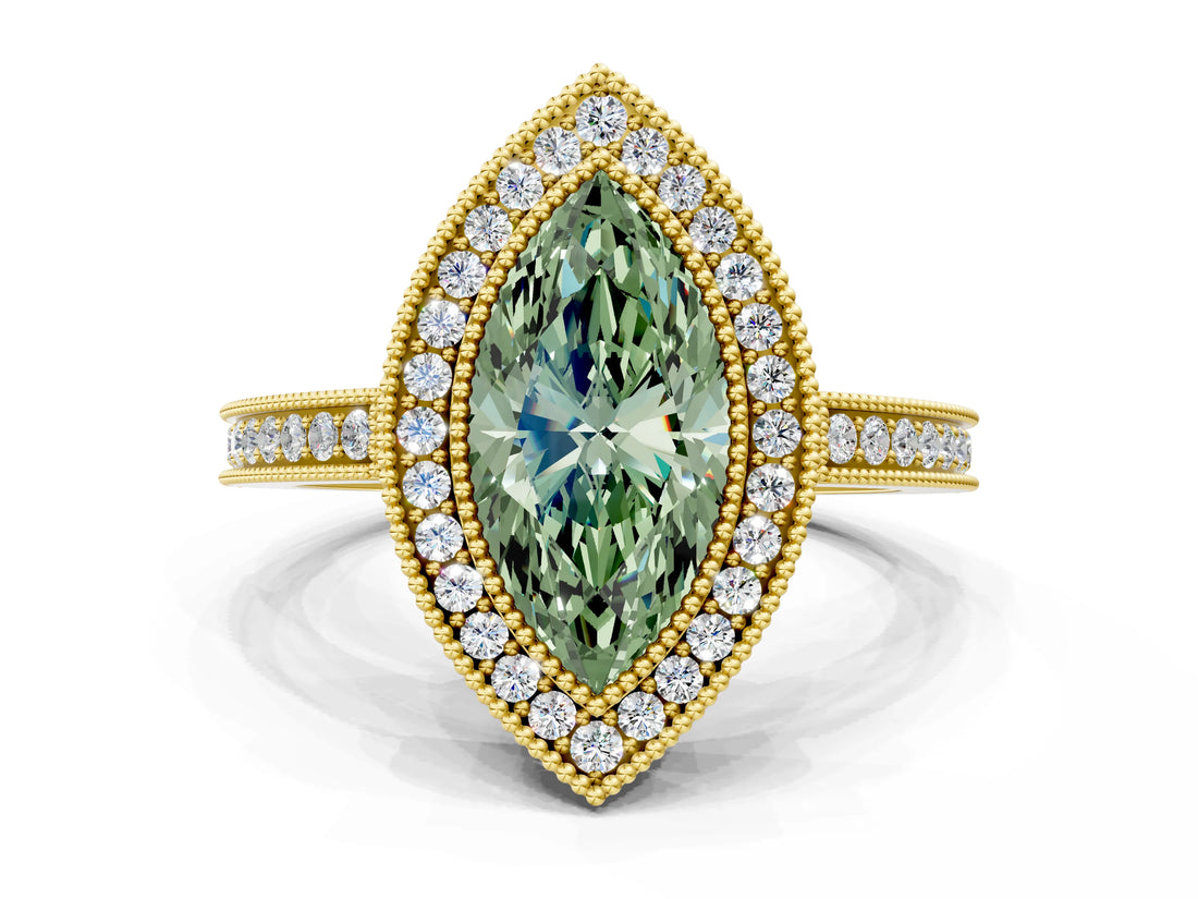 Yellow gold Fancy Green Marquise  Cut Halo Diamond Ring with Pavé Band and Milgrain Prong Setting_32