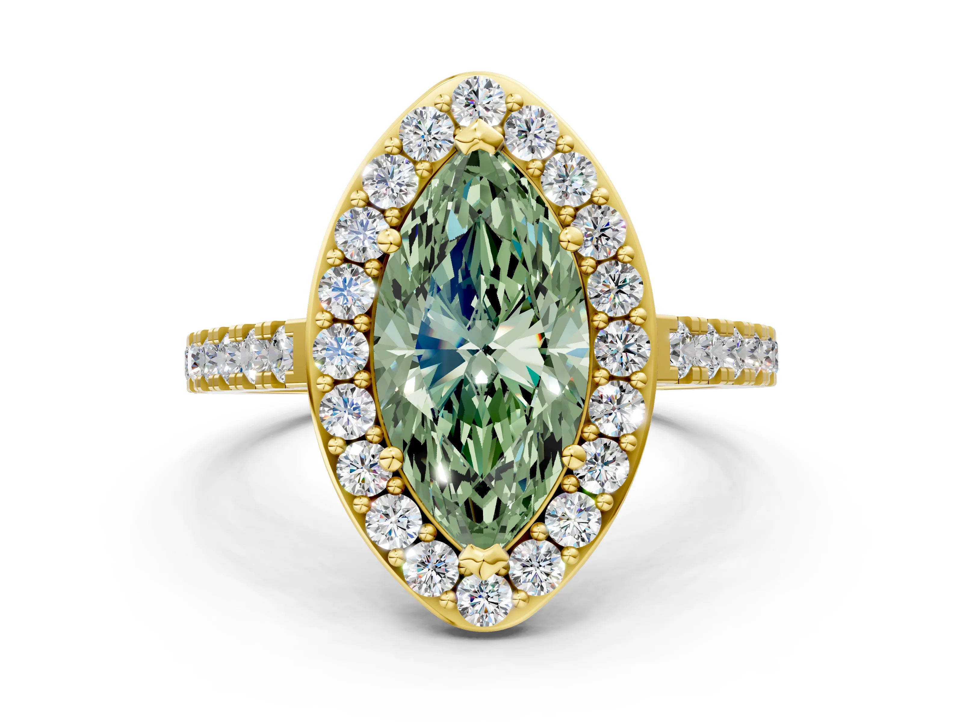 Yellow gold Fancy Green Marquise Cut Halo Diamond Ring with Pavé Band and Three-Prong Setting