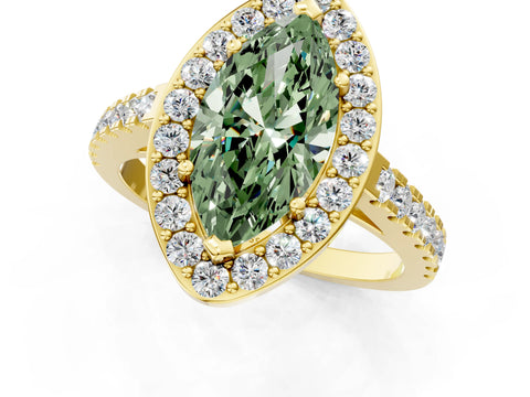 Yellow gold Fancy Green Marquise Cut Halo Diamond Ring with Pavé Band and Three-Prong Setting_1