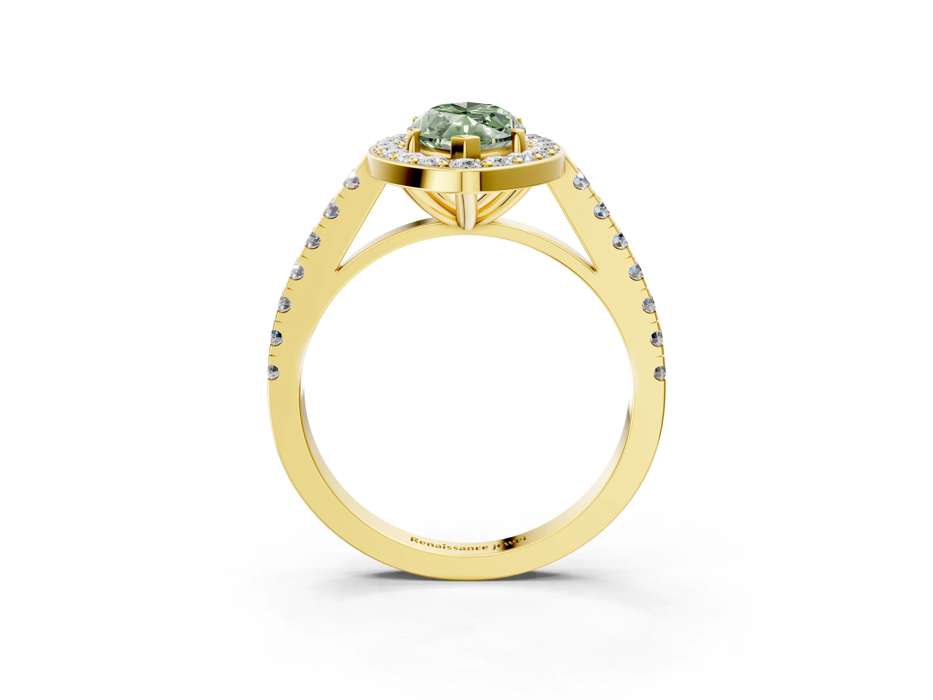 Yellow gold Fancy Green Marquise Cut Halo Diamond Ring with Pavé Band and Three-Prong Setting_3