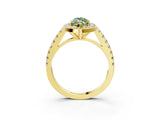 Yellow gold Fancy Green Marquise Cut Halo Diamond Ring with Pavé Band and Three-Prong Setting_3