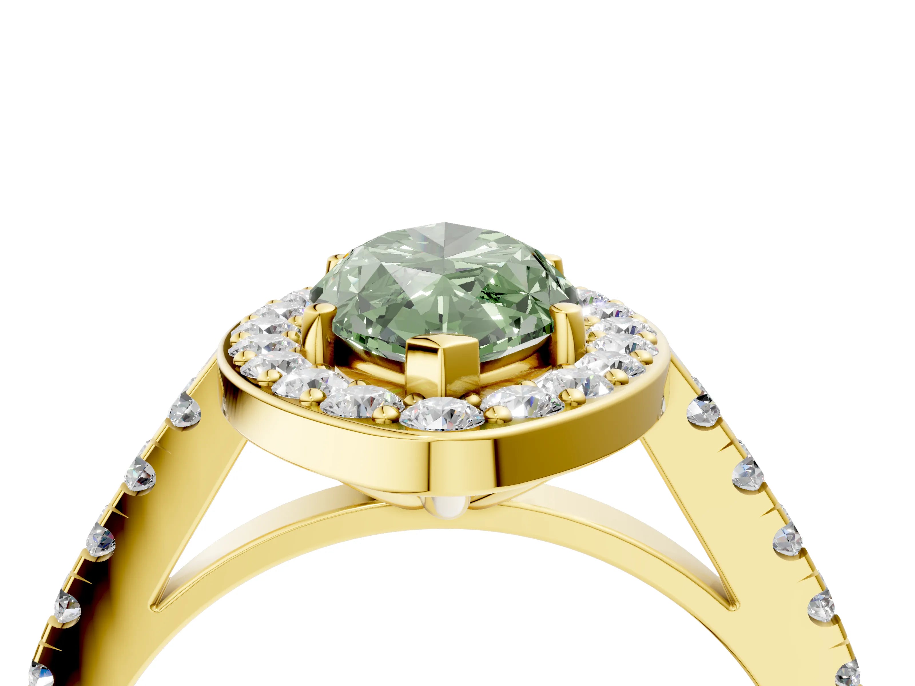 Yellow gold Fancy Green Marquise Cut Halo Diamond Ring with Pavé Band and Three-Prong Setting_4