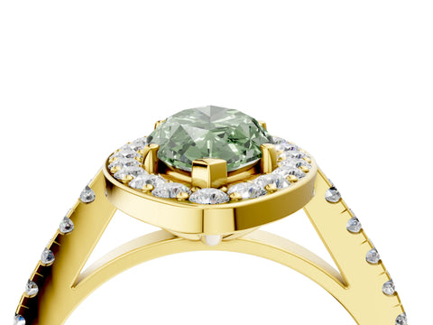 Yellow gold Fancy Green Marquise Cut Halo Diamond Ring with Pavé Band and Three-Prong Setting_4