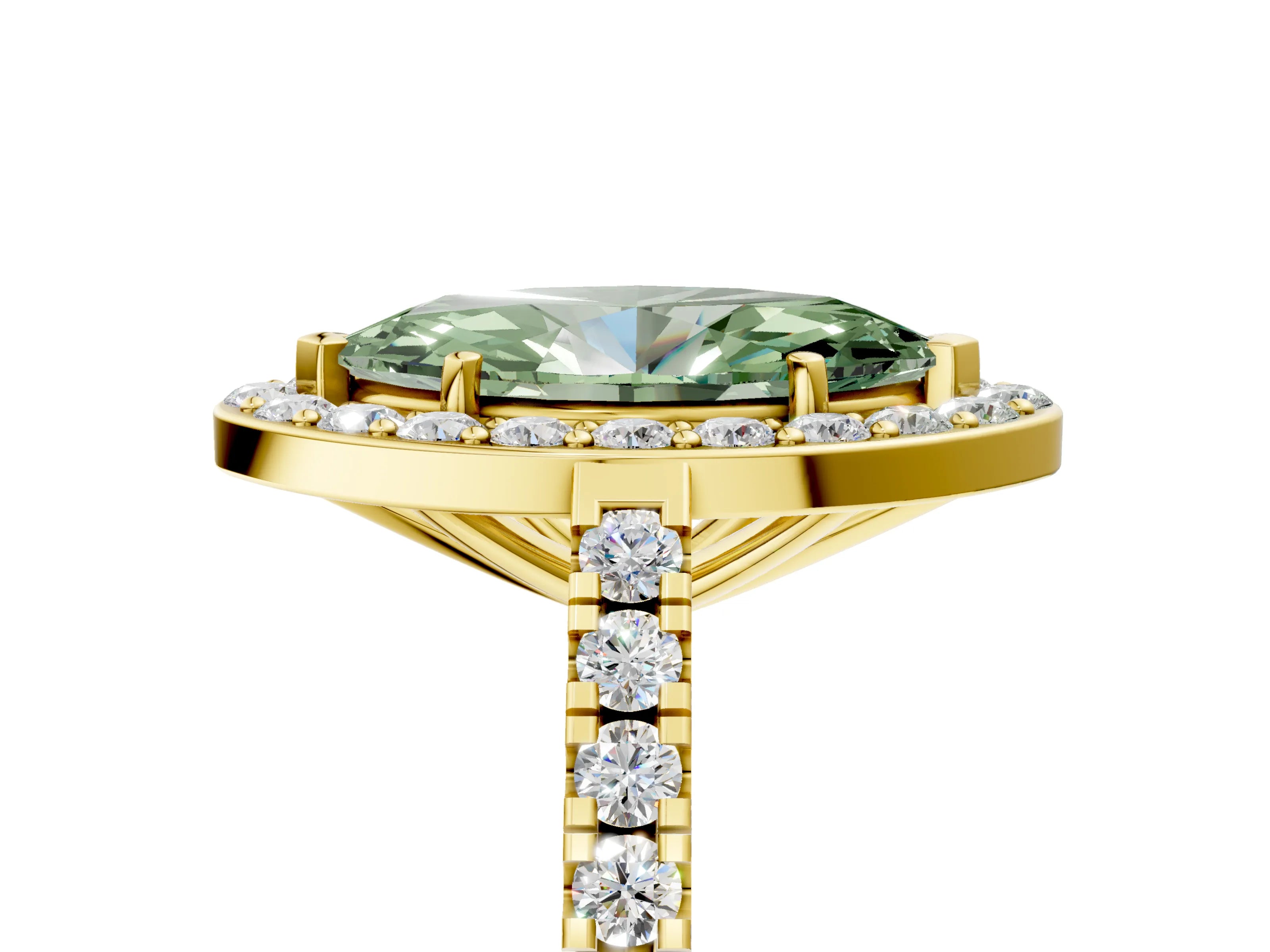 Yellow gold Fancy Green Marquise Cut Halo Diamond Ring with Pavé Band and Three-Prong Setting_5