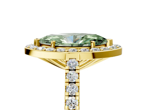 Yellow gold Fancy Green Marquise Cut Halo Diamond Ring with Pavé Band and Three-Prong Setting_5