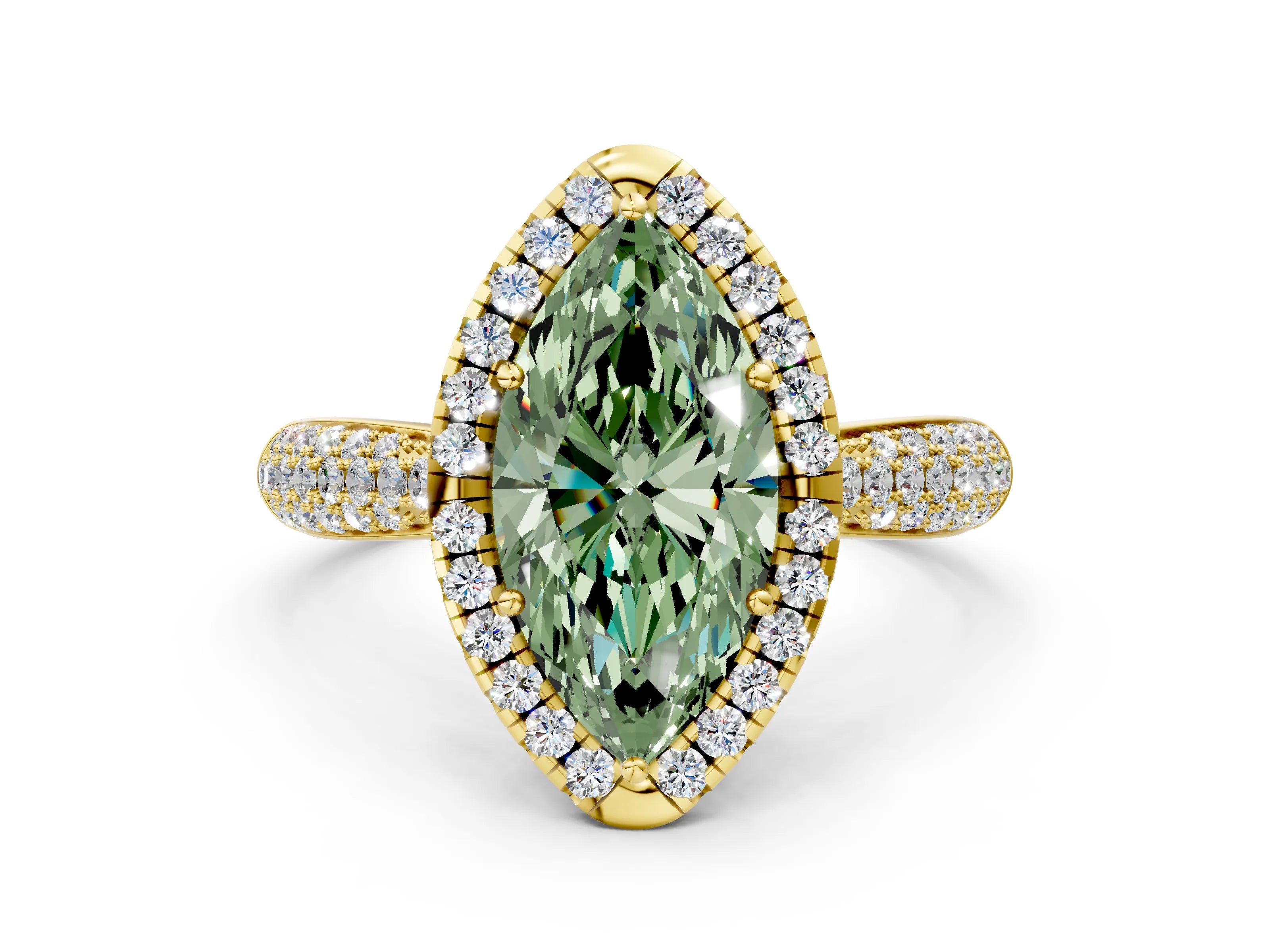 Yellow gold Fancy Green Marquise Cut Halo Diamond Ring with Pavé Band
