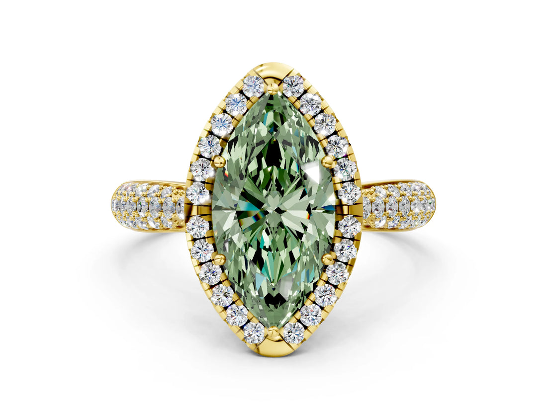 Yellow gold Fancy Green Marquise Cut Halo Diamond Ring with Pavé Band