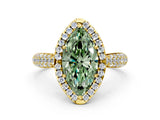 Yellow gold Fancy Green Marquise Cut Halo Diamond Ring with Pavé Band