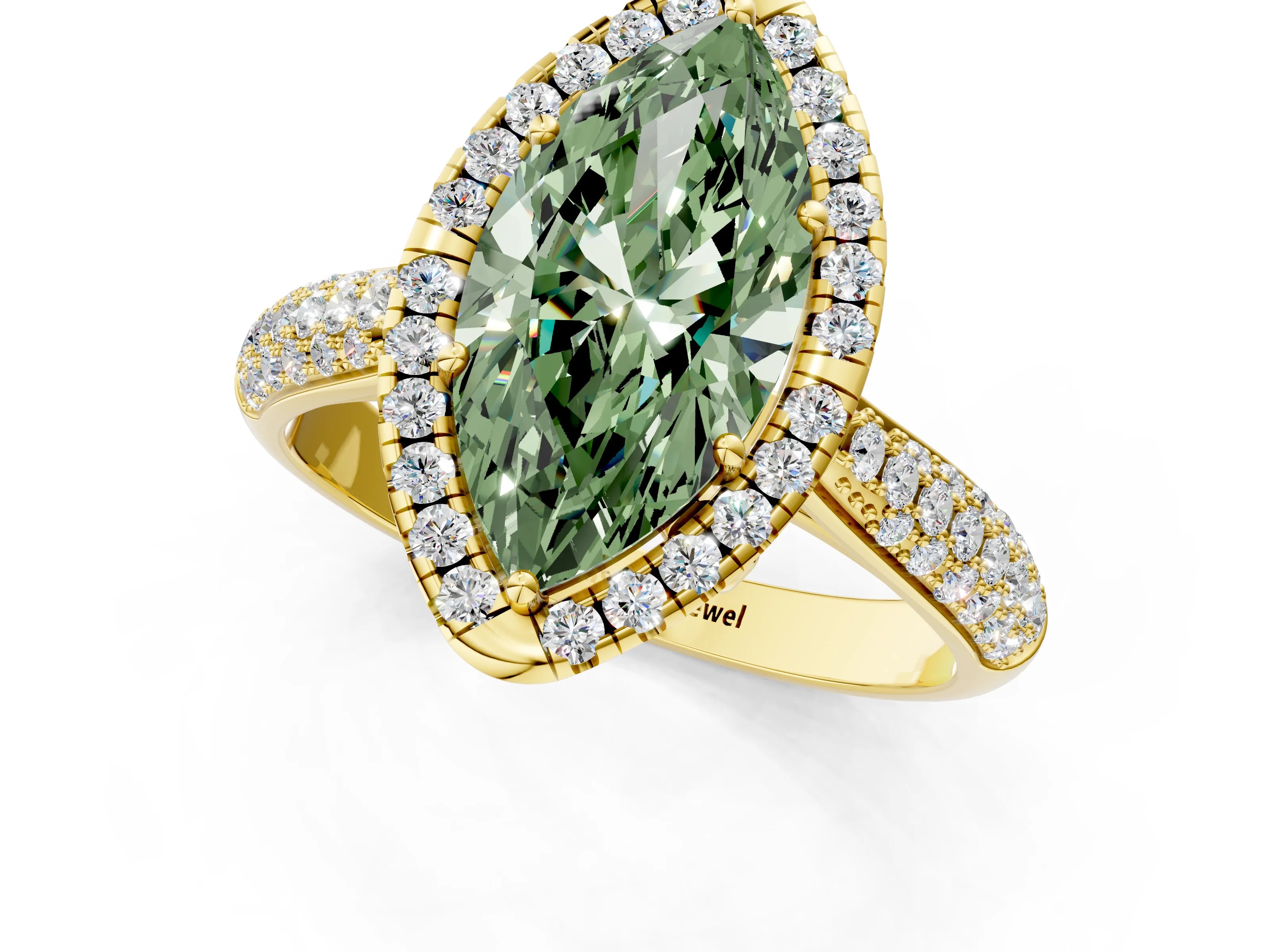 Yellow gold Fancy Green Marquise Cut Halo Diamond Ring with Pavé Band_1