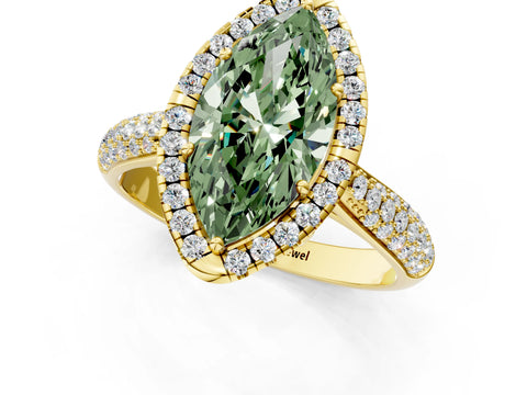 Yellow gold Fancy Green Marquise Cut Halo Diamond Ring with Pavé Band_1