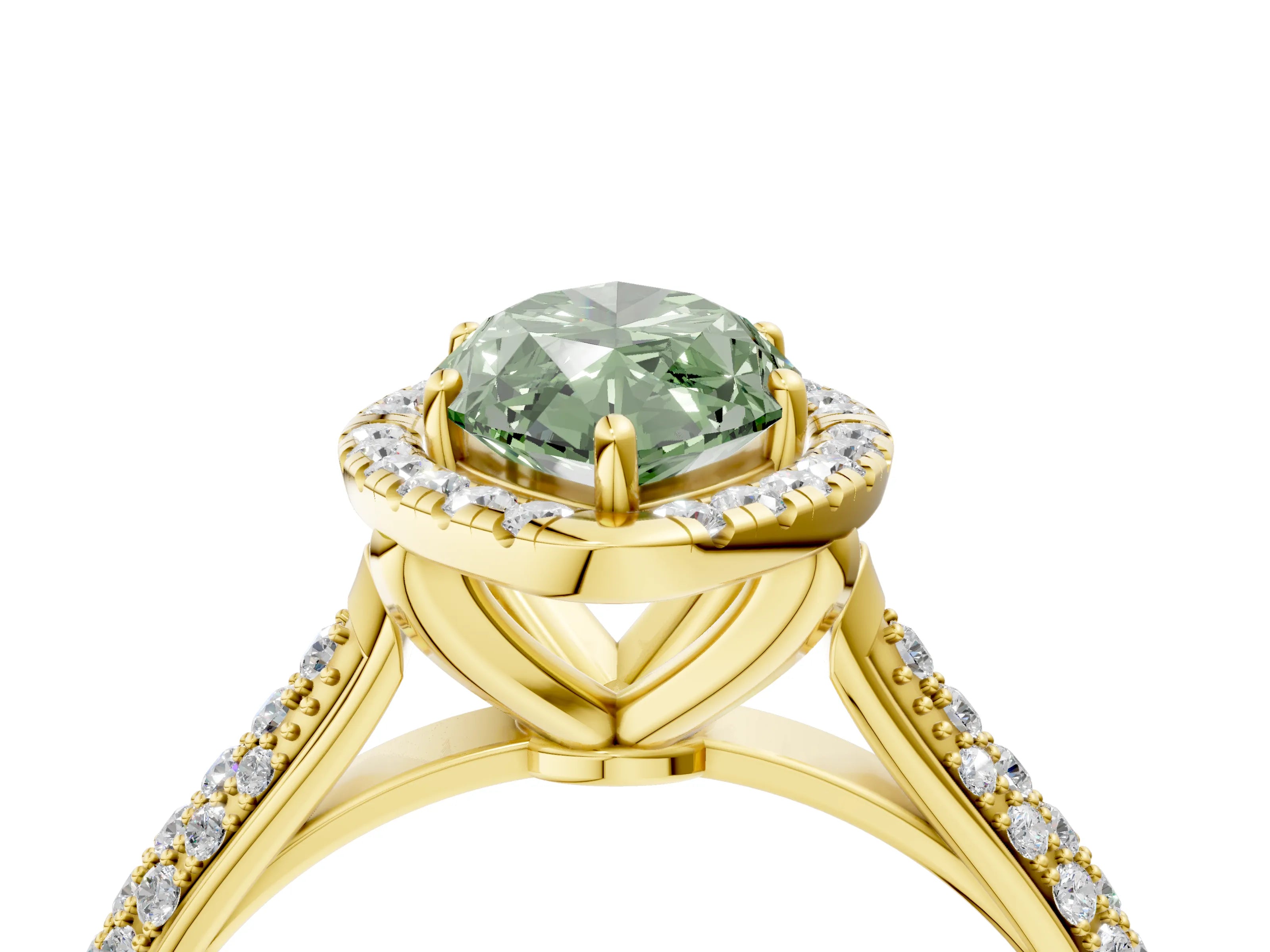 Yellow gold Fancy Green Marquise Cut Halo Diamond Ring with Pavé Band_4