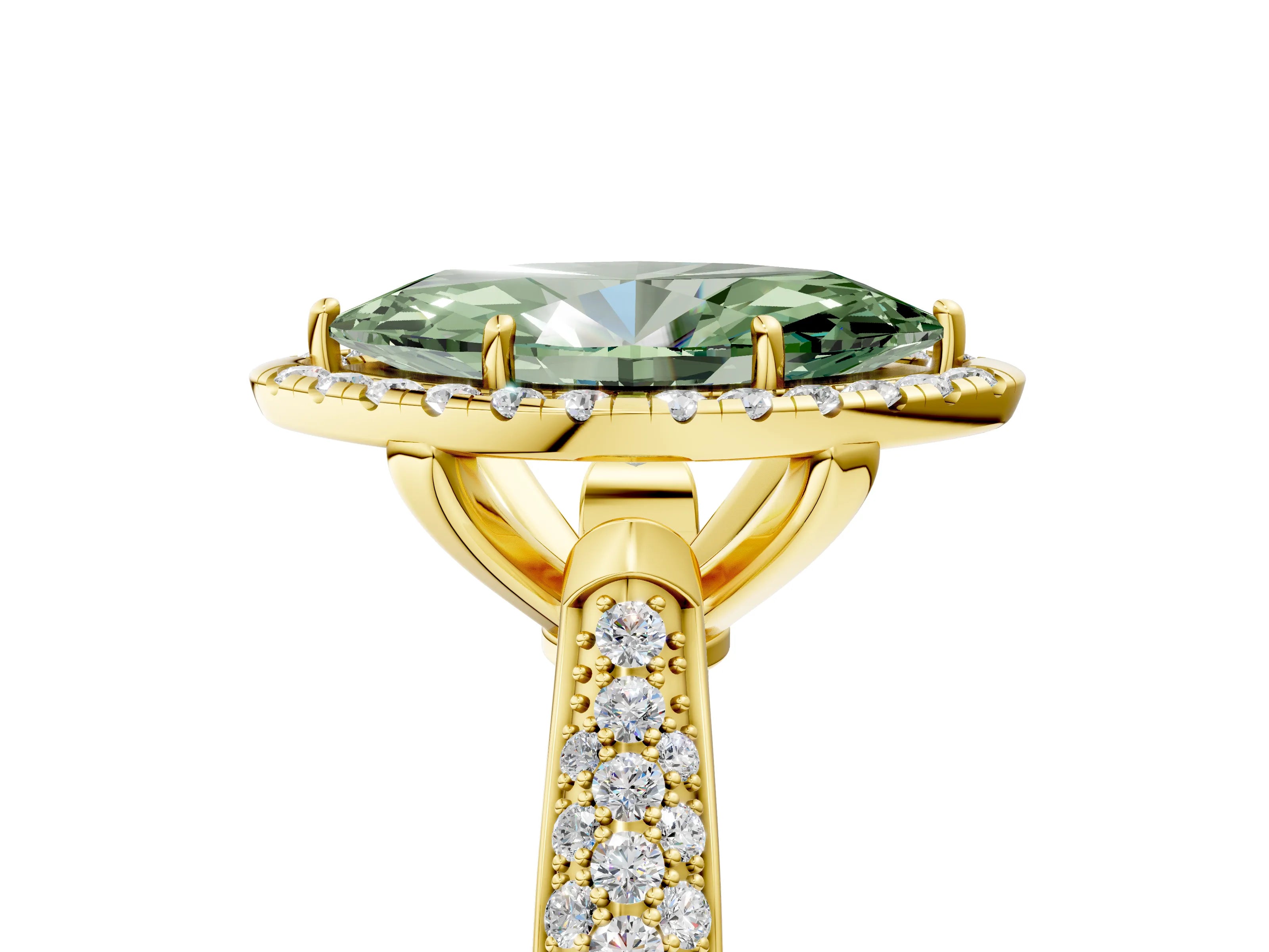 Yellow gold Fancy Green Marquise Cut Halo Diamond Ring with Pavé Band_5