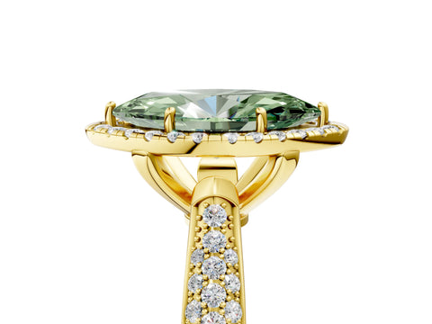 Yellow gold Fancy Green Marquise Cut Halo Diamond Ring with Pavé Band_5