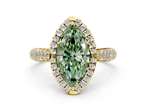 Yellow gold Fancy Green Marquise Cut Halo Diamond Ring with Pavé Band