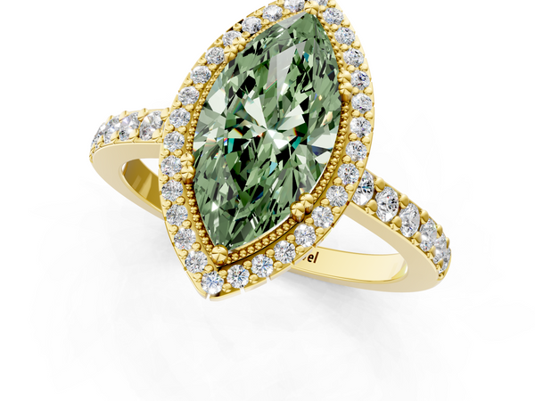Yellow gold Fancy Green Marquise  Cut Diamond Halo Engagement Ring with Milgrain Detail and Pavé Band