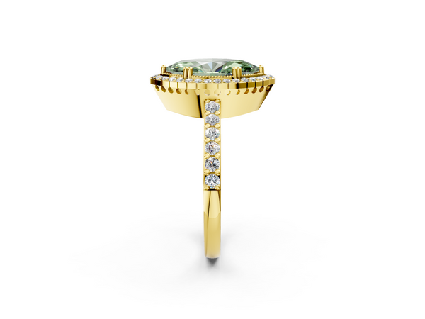 Yellow gold Fancy Green Marquise  Cut Diamond Halo Engagement Ring with Milgrain Detail and Pavé Band