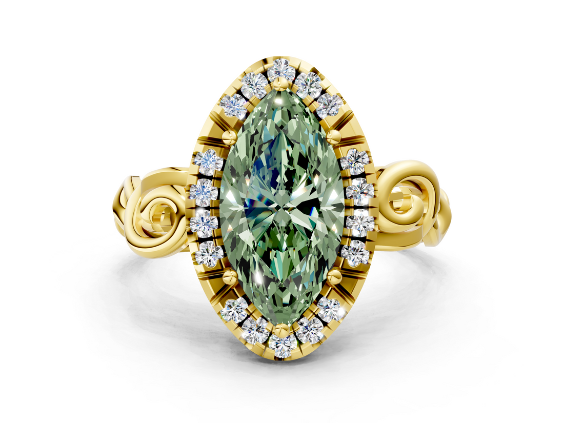 Yellow gold Fancy Green Marquise  Cut Halo Diamond Ring with Scrollwork Band and Four-Prong Setting_101