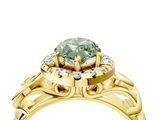 Yellow gold Fancy Green Marquise  Cut Halo Diamond Ring with Scrollwork Band and Four-Prong Setting_105