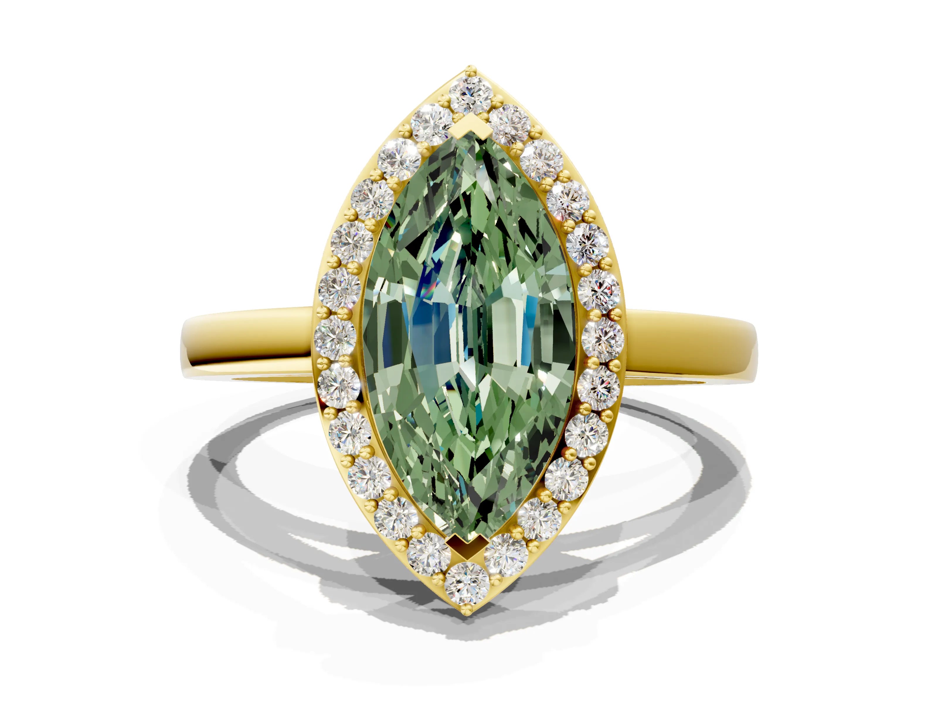 Yellow gold Fancy Green Marquise Cut Halo Diamond Ring with Solitaire Band and Prong Setting