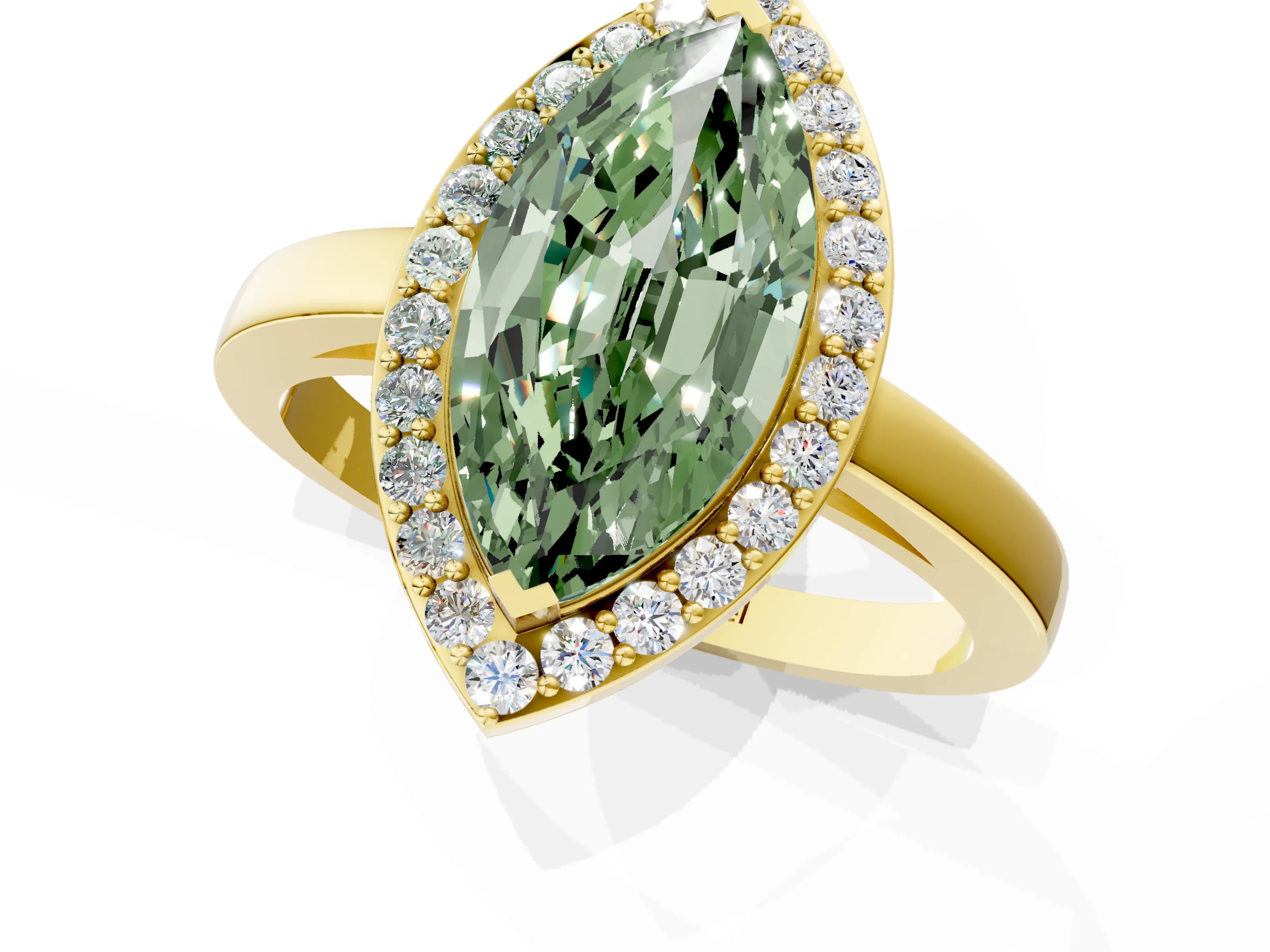Yellow gold Fancy Green Marquise Cut Halo Diamond Ring with Solitaire Band and Prong Setting_1