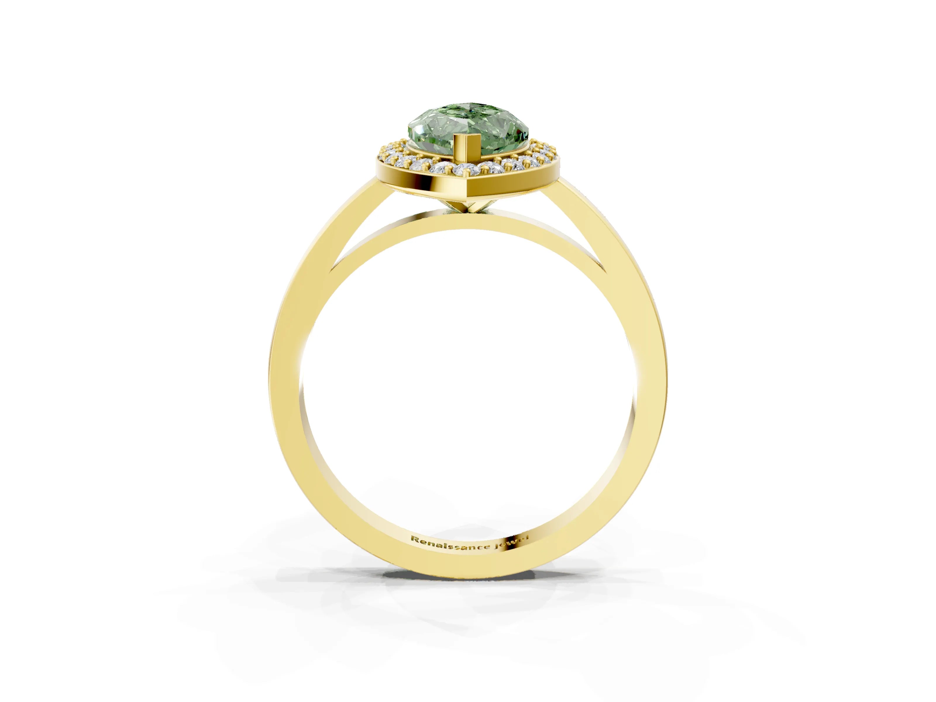 Yellow gold Fancy Green Marquise Cut Halo Diamond Ring with Solitaire Band and Prong Setting_3