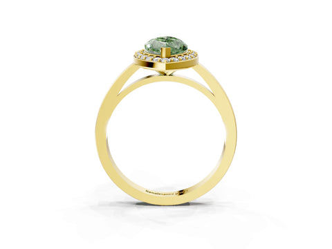 Yellow gold Fancy Green Marquise Cut Halo Diamond Ring with Solitaire Band and Prong Setting_3