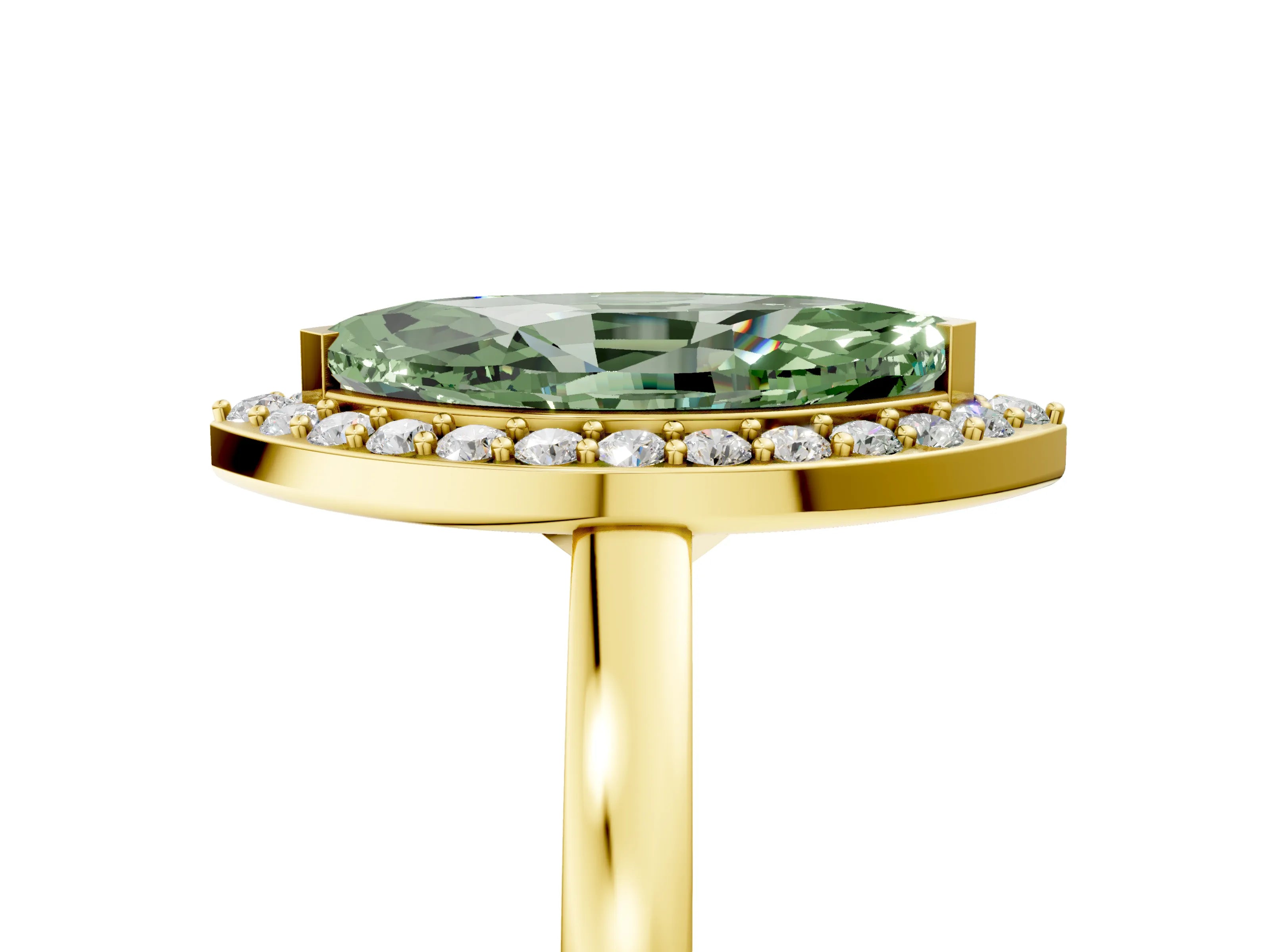 Yellow gold Fancy Green Marquise Cut Halo Diamond Ring with Solitaire Band and Prong Setting_5