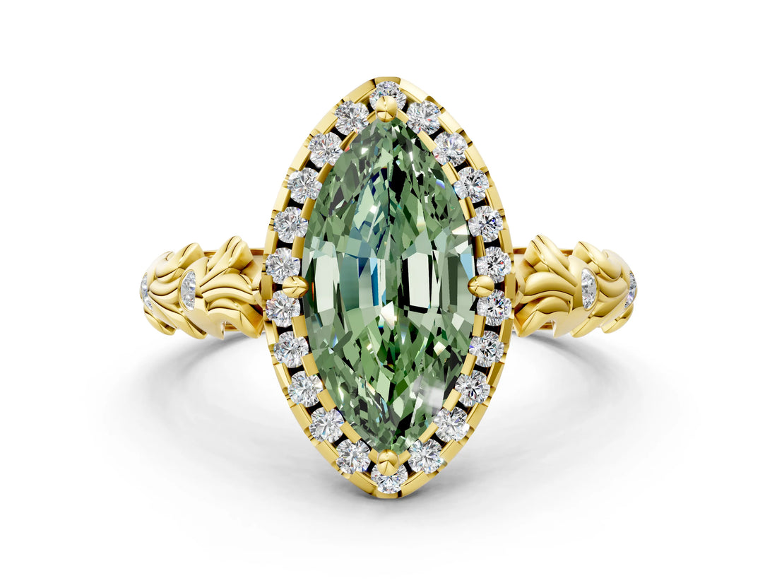 Yellow gold Fancy Green Marquise Cut Halo Diamond Solitaire with Filigree Band and Four-Prong Setting