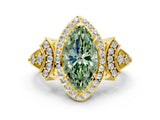 Yellow gold Fancy Green Marquise Cut Halo Diamond Split Shank Engagement Ring with Four-Prong Setting