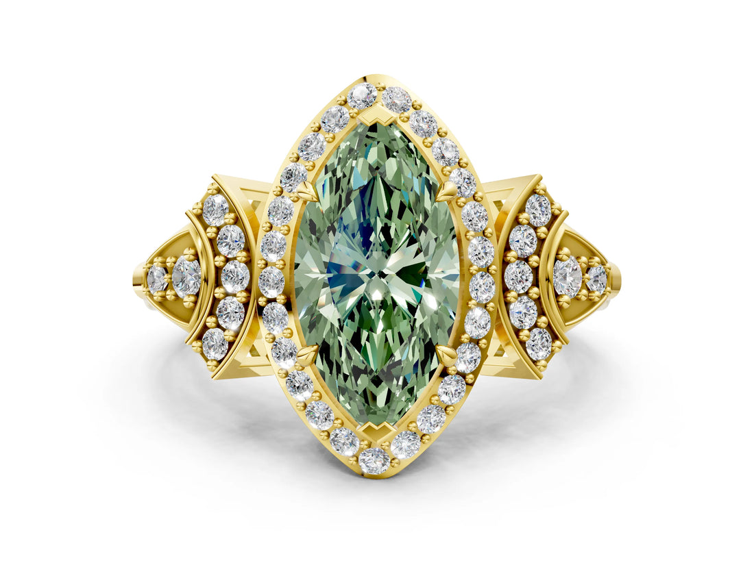 Yellow gold Fancy Green Marquise Cut Halo Diamond Split Shank Engagement Ring with Four-Prong Setting_6