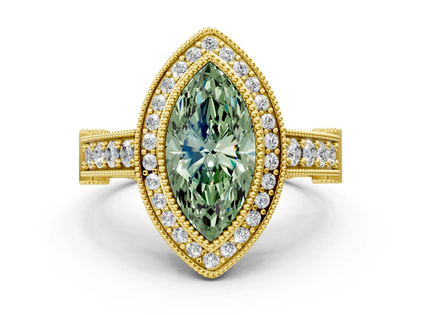 Yellow Gold Marquise Vintage Bezel Halo Engagement Ring Setting for Fancy Green Center
