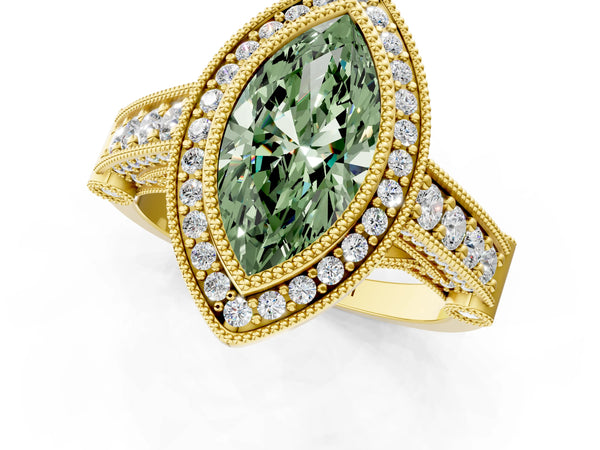 Yellow Gold Marquise Vintage Bezel Halo Engagement Ring Setting for Fancy Green Center