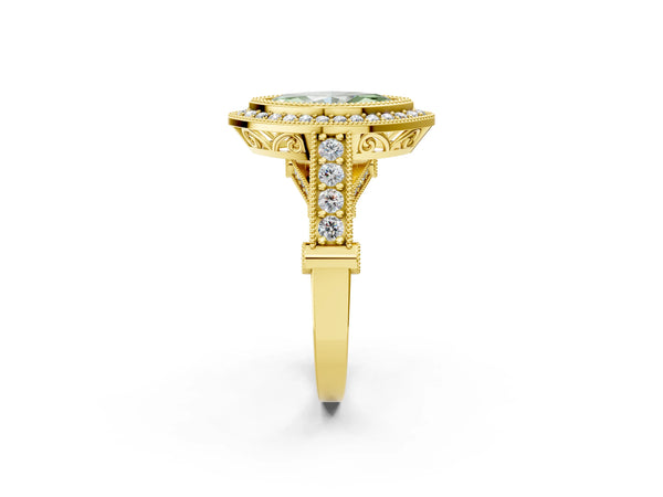 Yellow Gold Marquise Vintage Bezel Halo Engagement Ring Setting for Fancy Green Center