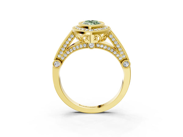 Yellow Gold Marquise Vintage Bezel Halo Engagement Ring Setting for Fancy Green Center