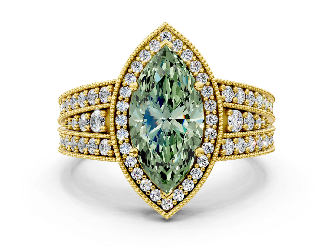 Yellow gold Fancy Green Marquise Cut Halo Diamond Split Shank Ring with Prong Setting