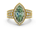 Yellow gold Fancy Green Marquise Cut Halo Diamond Split Shank Ring with Prong Setting