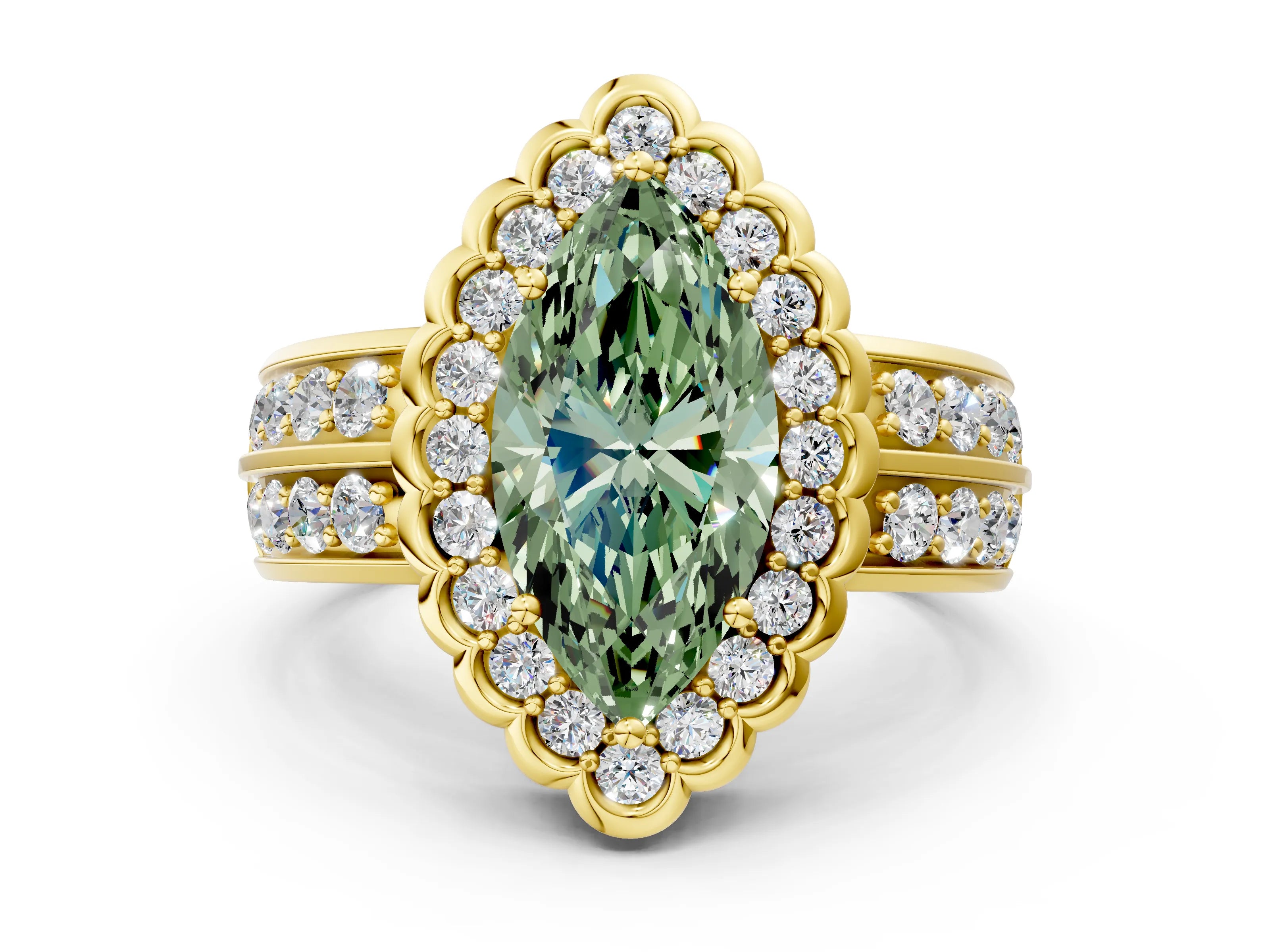 Yellow gold Fancy Green Marquise Cut Halo Diamond Split Shank Ring with Scalloped Prong Setting