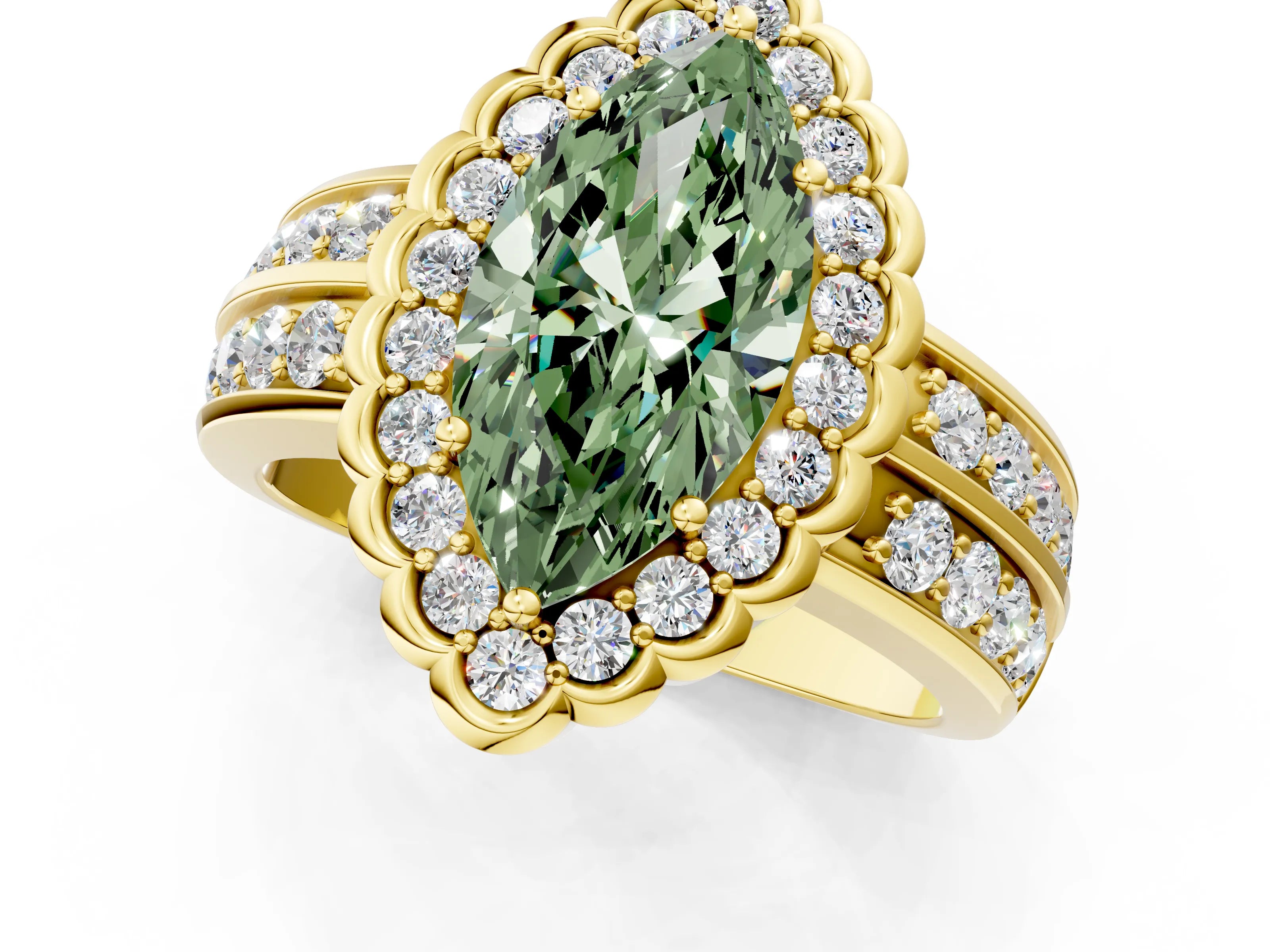 Yellow gold Fancy Green Marquise Cut Halo Diamond Split Shank Ring with Scalloped Prong Setting_1