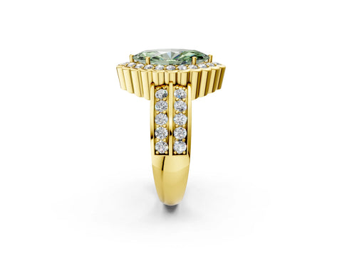 Yellow gold Fancy Green Marquise Cut Halo Diamond Split Shank Ring with Scalloped Prong Setting_2