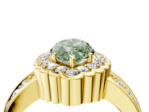 Yellow gold Fancy Green Marquise Cut Halo Diamond Split Shank Ring with Scalloped Prong Setting_4
