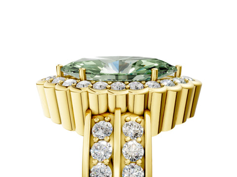Yellow gold Fancy Green Marquise Cut Halo Diamond Split Shank Ring with Scalloped Prong Setting_5