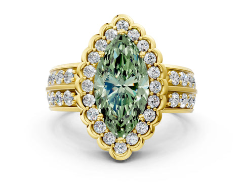 Yellow gold Fancy Green Marquise Cut Halo Diamond Split Shank Ring with Scalloped Prong Setting