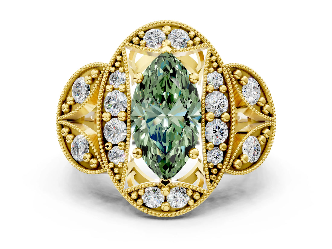 Yellow gold Fancy Green Marquise Cut Halo Milgrain Diamond Engagement Ring with Leaf Band and Four-Prong Setting