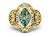 Yellow gold Fancy Green Marquise Cut Halo Milgrain Diamond Engagement Ring with Leaf Band and Four-Prong Setting