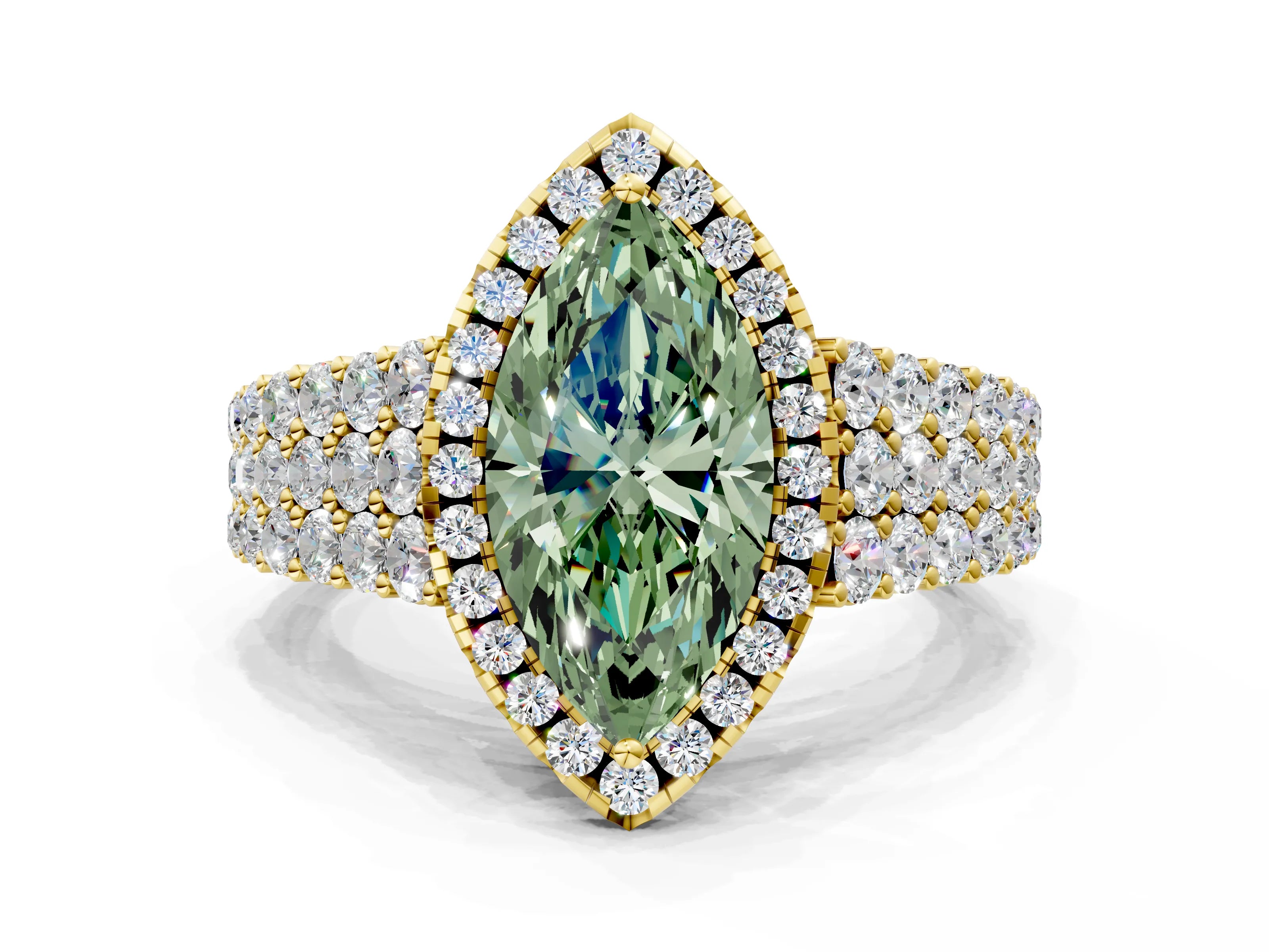 Yellow gold Fancy Green Marquise Cut Halo Pavé Diamond Engagement Ring with Split Shank and Four-Prong Setting_3