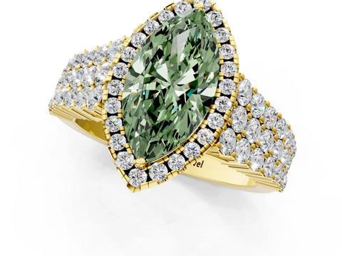 Yellow gold Fancy Green Marquise Cut Halo Pavé Diamond Engagement Ring with Split Shank and Four-Prong Setting_4
