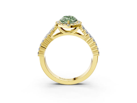 Yellow gold Fancy Green Marquise Cut Halo Pavé Diamond Engagement Ring with Split Shank and Four-Prong Setting_6
