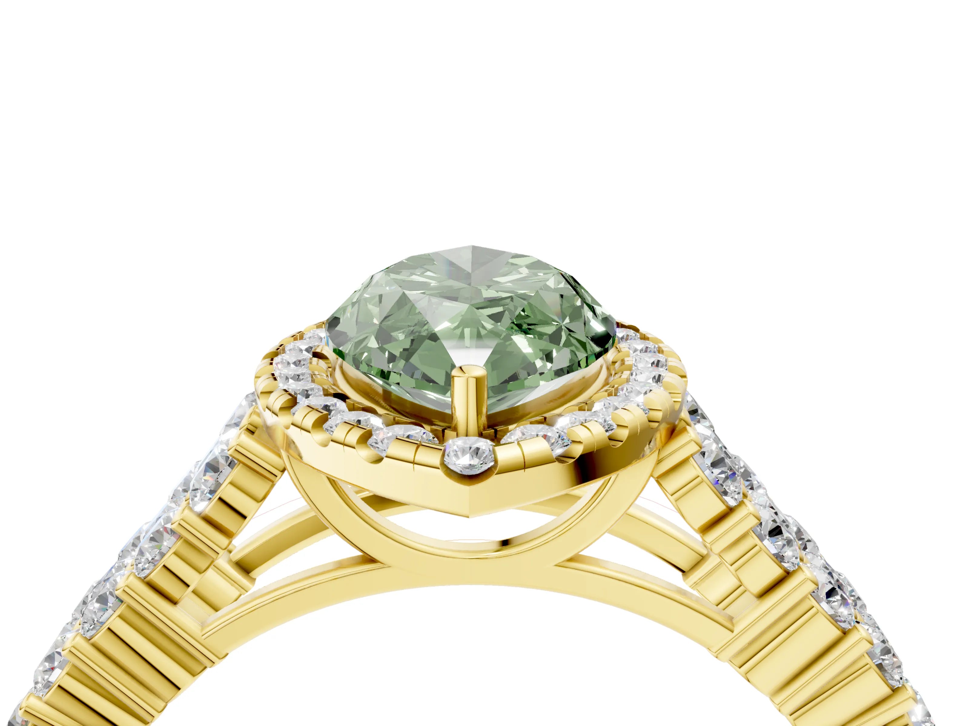 Yellow gold Fancy Green Marquise Cut Halo Pavé Diamond Engagement Ring with Split Shank and Four-Prong Setting_7